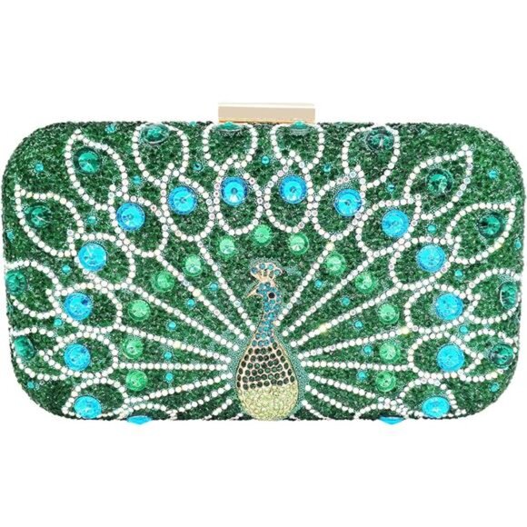 Handbags - Rhinestone Clutch Purses for Women Green Peacock Clutch